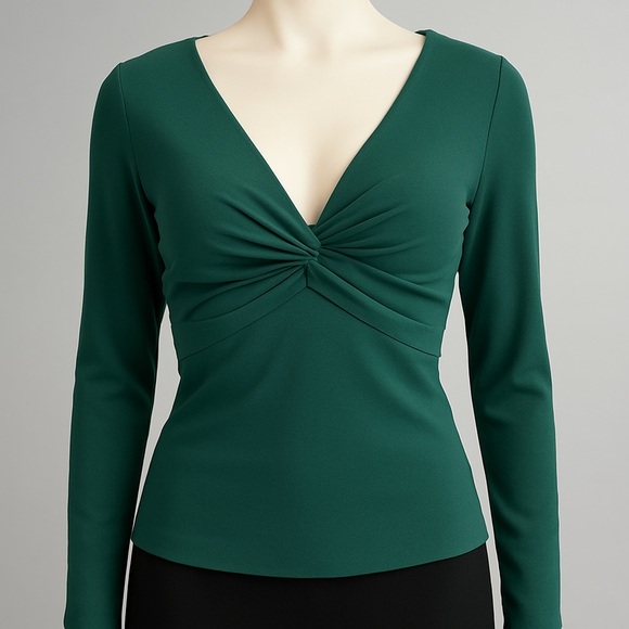 Green Long Sleeve Twist Front V-Neck Blouse - Picture 1 of 5